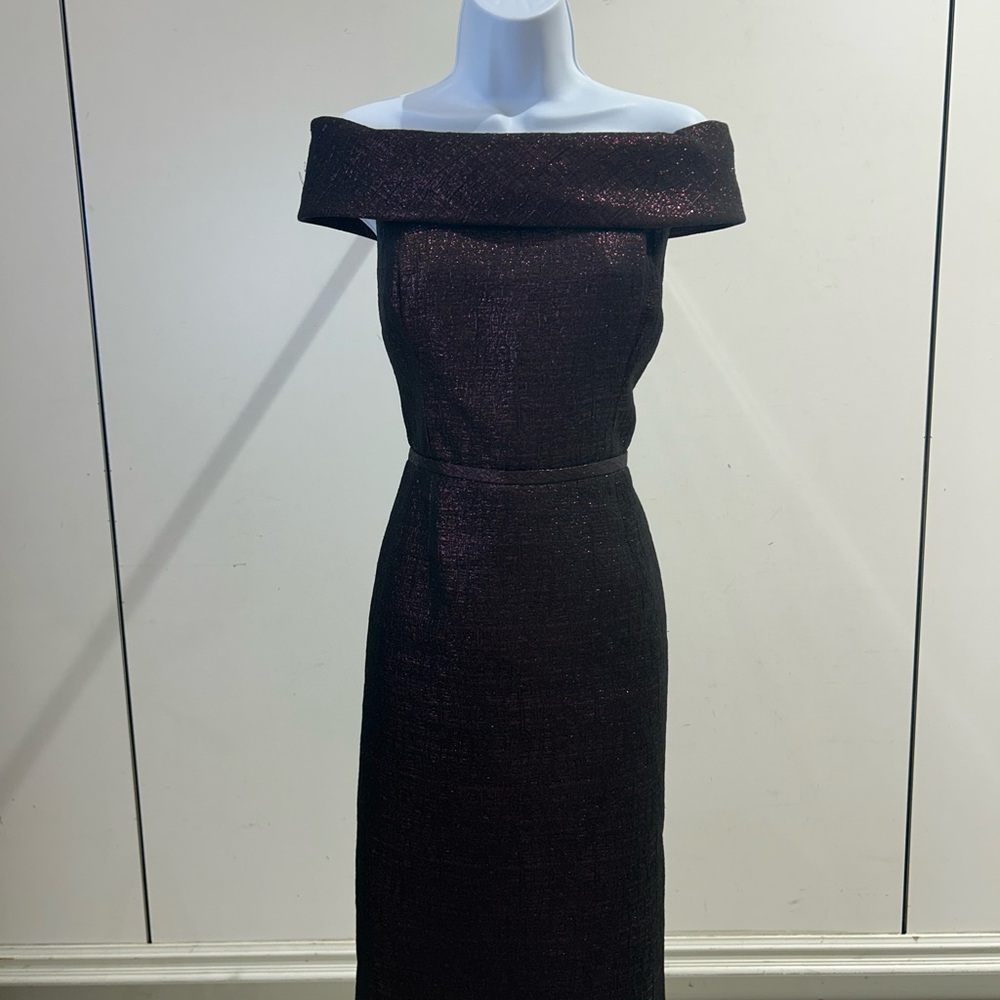Teri Jon Off-Shoulder Plum Sheath Dress with Subtle Sheen